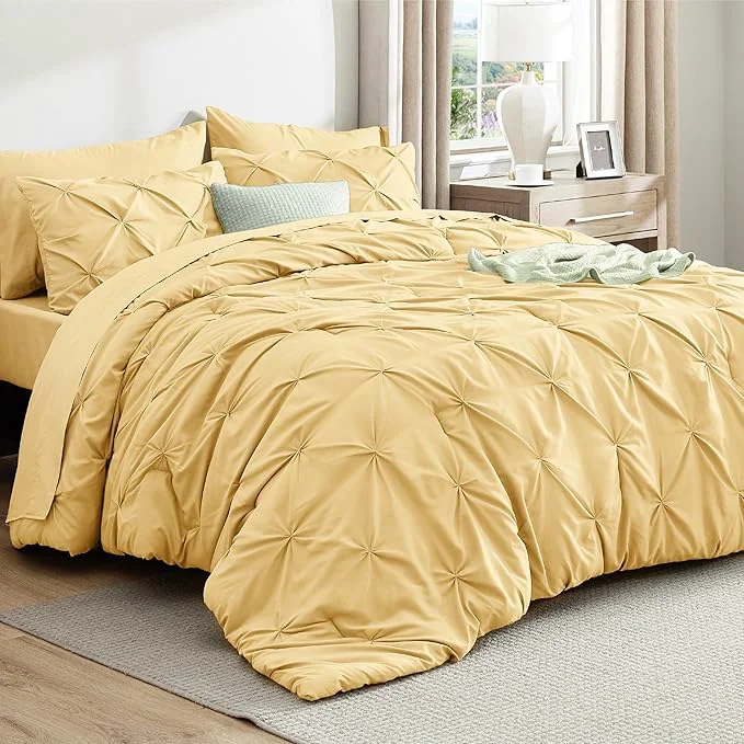 Responsible Bedsure Queen Comforter Set Yellow – Bed in a Bag Queen 7 Pieces Pintuck Bedding Sets Gift for Christmas Pinch Pleat Bed Set with Queen Size Comforter Sheets Pillowcases amp Shams Pure