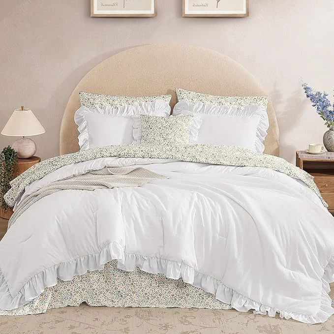 Official Queen Comforter Set – 7 Pieces Ruffle White Bedding Sets Shabby Chic Farmhouse Bed in a Bag Queen with Ruffle Comforter Floral Sheets Pillowcases amp Shams Classic
