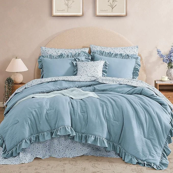 Reliable Oversized Queen Comforter Set – 7 Pieces Ruffle Blue Bedding Sets Shabby Chic Farmhouse Bed in a Bag with Ruffle Comforter Floral Sheets Pillowcases amp Shams Reusable