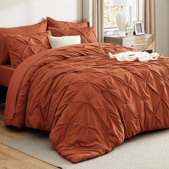 High-Grade Bedsure King Size Comforter Set Burnt Orange – Bed in a Bag Bedding Set 7 Pieces GentleSoft™ Pintuck Bed Set Gift for Family Pinch Pleat Burnt Orange Comforter with Sheets Pillowcases amp Shams Selected