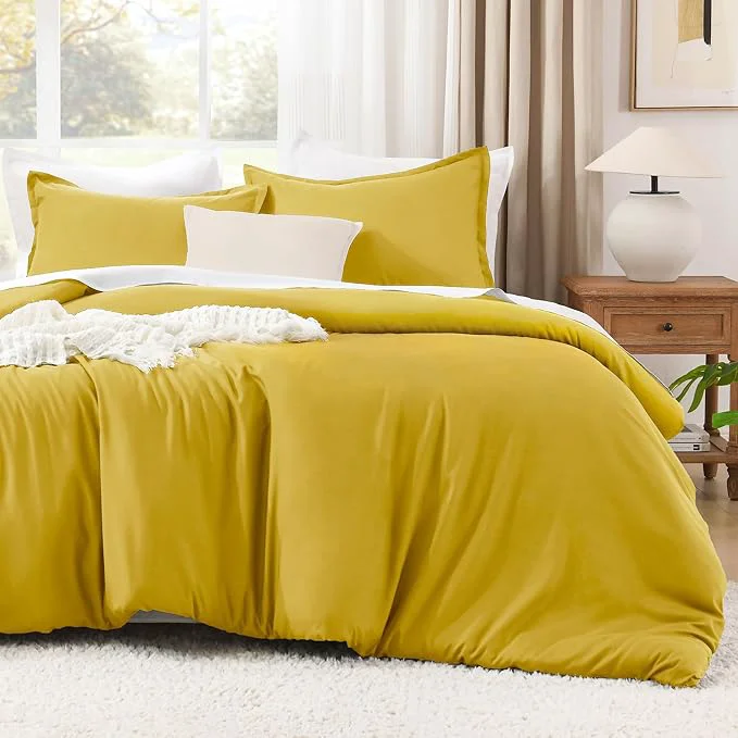 Detailed Litanika Mustard Yellow Comforter Set Full Size 3 Pieces Lightweight Solid Bedding Comforter Set All Season Fluffy Bed Set 79x90In Comforter amp 2 Pillowcases Powerful