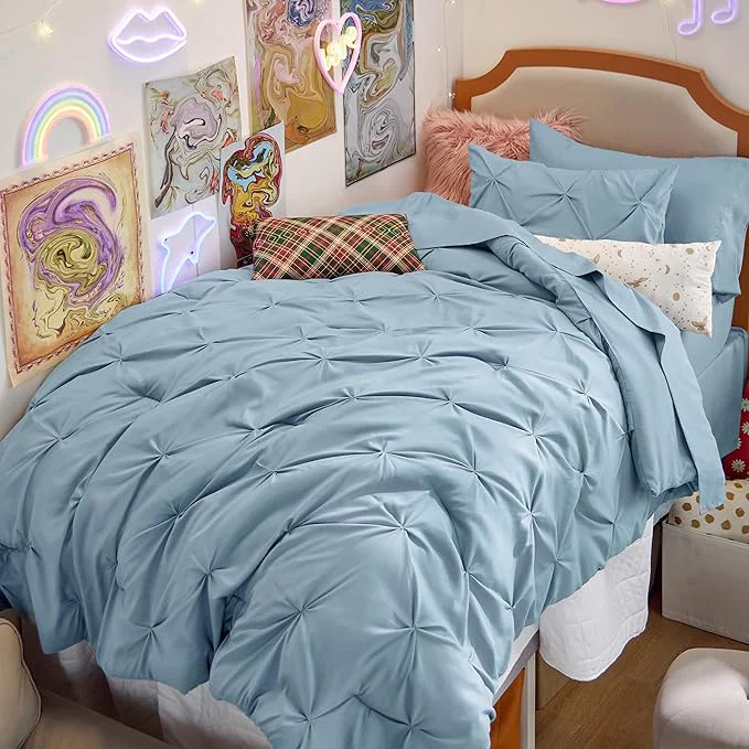 Official Bedsure Twin XL Comforter Set – Extra Long 5 Pieces Dorm Bedding Sets GentleSoft™ Pinch Pleat Light Blue Bed in a Bag with Pintuck Comforter Sheets Pillowcase amp Sham Exceptional