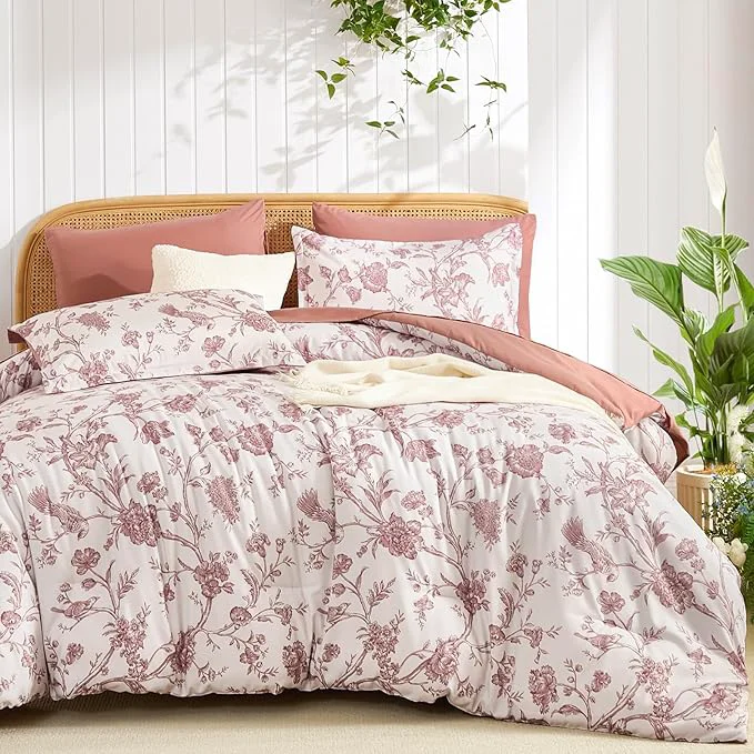 Verified Luxudecor Floral Comforter Set Queen Size 7 Pieces Blush Pink Flower with Bird Bed in a Bag Soft Reversible Comforter with Sheet Bed Set 90 quot x90 quot Minimalist