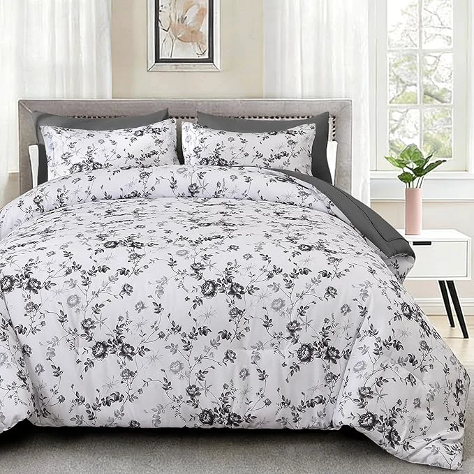 Smooth Luxudecor Floral King Comforter Set 7 Pieces Bed in a Bag Black Rose Romantic Flower Bed Set Soft Reversible Comforter with Sheet Set 104 quot x90 quot Long-Lasting