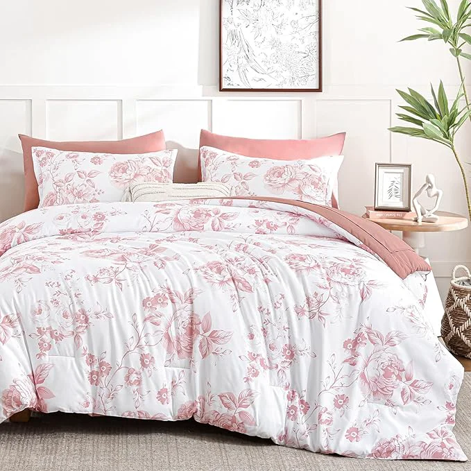 Selected Luxudecor Floral Queen Comforter Set 7 Pieces Bed in a Bag Pink Rose Romantic Flower Bed Set Soft Reversible Comforter with Sheet Set 90 quot x90 quot Genuine