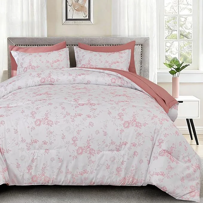 Expertly Made Luxudecor Floral Queen Comforter Set 7 Pieces Bed in a Bag Blush Pink Rose Romantic Flower Bed Set Soft Reversible Comforter with Sheet Set 90 quot x90 quot Traditional