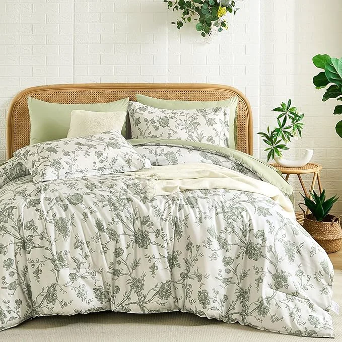 Practical Luxudecor Floral Queen Comforter Set 7 Pieces Bed in a Bag Sage Green Flower with Bird Bedding Set Soft Reversible Comforter with Sheet Set 90 quot x90 quot Specialty
