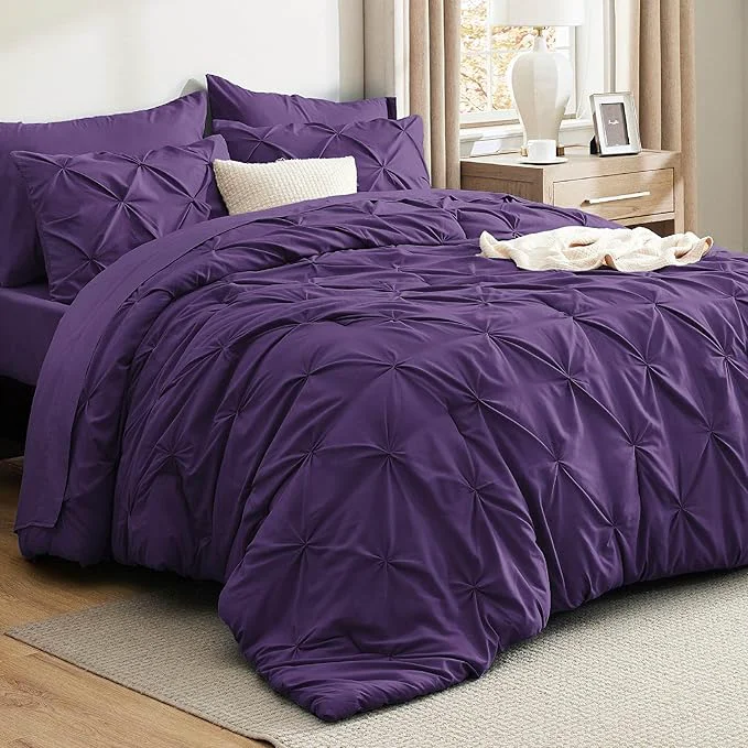 Advanced Bedsure Queen Comforter Set Purple – Bed in a Bag Queen Size Bedding 7 Pieces GentleSoft™ Pintuck Bed Set Gift for Family Pinch Pleat All Season Comforter with Sheets Pillowcases amp Shams Expertly Made