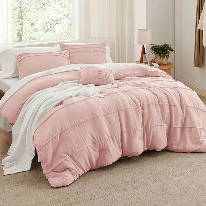 Trendy Bedsure Full Comforter Set – 4 Pieces Pinch Pleat Bed Set Light Pink Boho Bedding for All Season 1 Soft Comforter 2 Pillowcases 1 Decorative Pillow Original Design