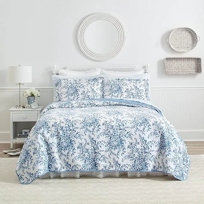 Artisan Laura Ashley – Queen Quilt Set Reversible Cotton Bedding with Matching Shams Home Decor for All Seasons Bedford Delft Blue Queen Smooth