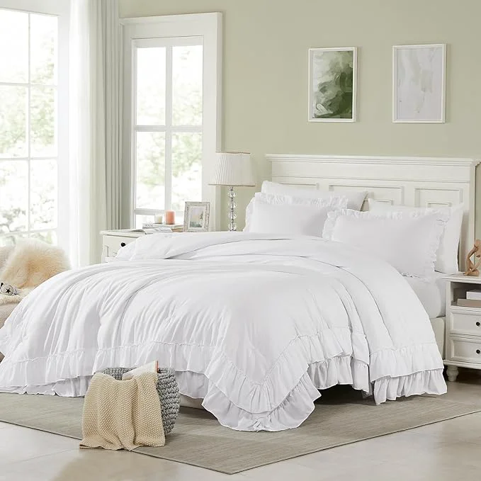 Carefully Designed Cupocupa White Ruffle King Size Comforter Set Shabby Chic Bedding Farmhouse Rustic 3 Pcs Bedding Ultra Soft Fluffy Washed Vintage Solid Boho Lightweight Off White Bed Set for All Seasons Organic