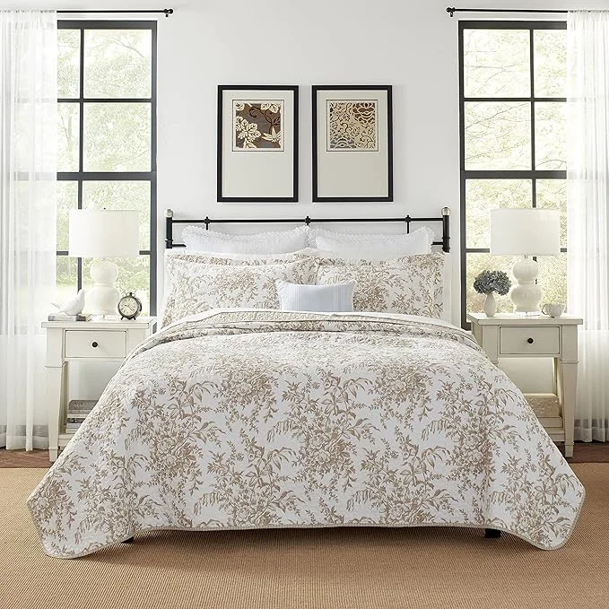 Outstanding Laura Ashley – Queen Quilt Set Reversible Cotton Bedding with Matching Shams Home Decor for All Seasons Bedford Mocha Queen Soft