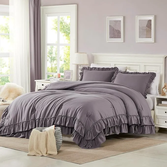 High-End Cupocupa Purple Comforter Set – Twin XL Ruffle Farmhouse Bedding Set – Shabby Chic Fluffy Comforter for All Seasons – Includes Comforter amp 1 Pillow Sham Purple Twin XL Twin Reusable