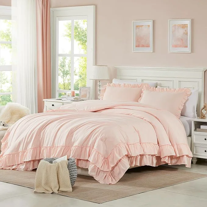 Smart Cupocupa Pink Ruffle King Size Comforter Set Shabby Chic Boho Bedding Comforter Sets Fluffy Cozy Bedding Comforters amp Sets for All Season 3PCS Lightweight Farmhouse Rustic Bedding Sets Safe