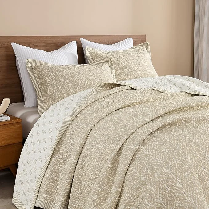 First-Class SahSahCasa Quilt Set Queen Size Cotton Quilt Bedding Set Bedspread Botanical Pattern Solid Color Chic Lightweight Quilted Comforter for Queen Bed White Oatmeal All Season 3 Pieces Versatile