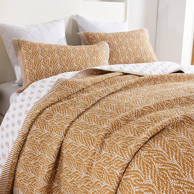 Quality SahSahCasa Quilt Set Queen Size Cotton Quilt Bedding Set Bedspread Botanical Pattern Solid Color Chic Lightweight Quilted Comforter for Queen Bed White Caramel All Season 3 Pieces Unique