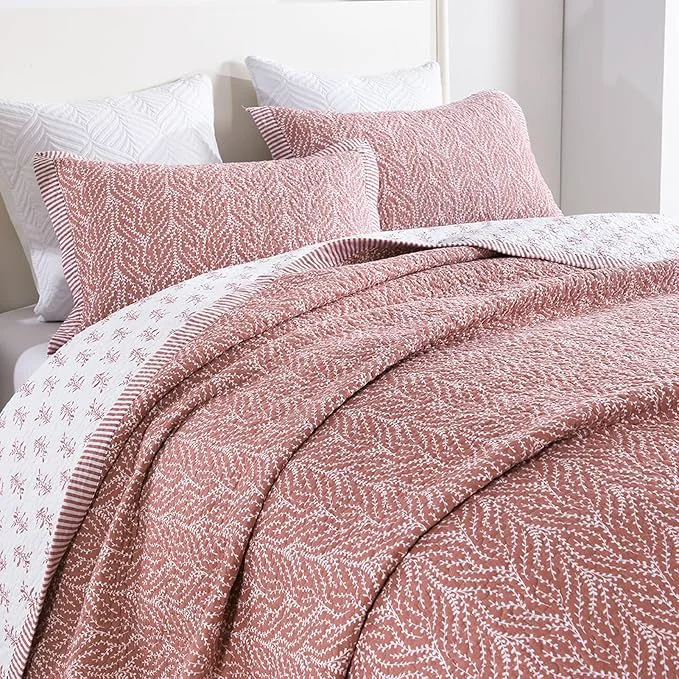 Eco-Friendly SahSahCasa Quilt Set Queen Size Cotton Quilt Bedding Set Bedspread Botanical Pattern Solid Color Chic Lightweight Quilted Comforter for Queen Bed White Old Rose All Season 3 Pieces Dependable