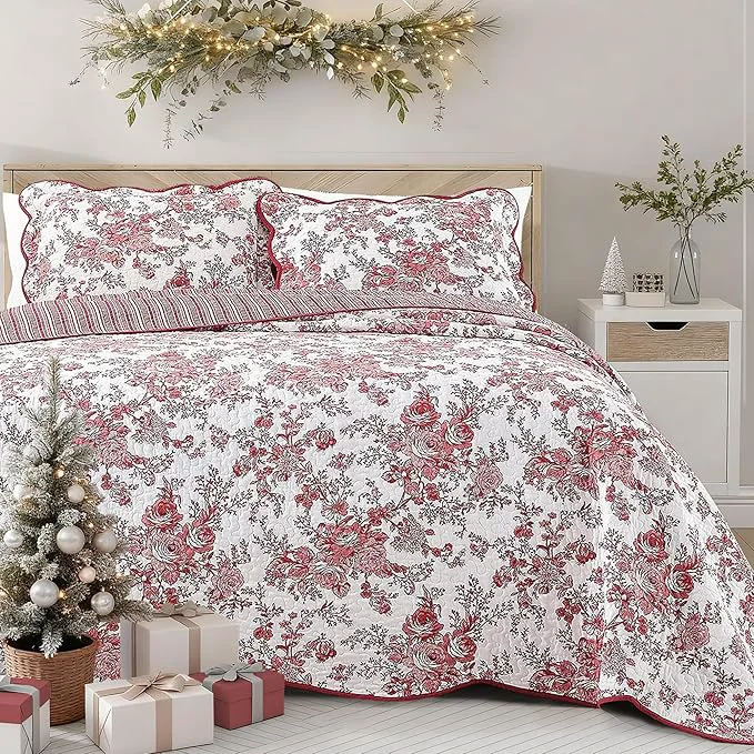 Sophisticated Wonderful Cotton Red Floral Bedspread Set Queen Size Quilt Bedding Sets with Pillow Shams 3 Pieces Botanical Coverlet Set Quilted Blanket Bed Cover for All Season 102 quot x118 quot Casual