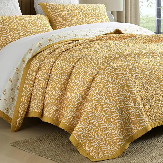 Clean SahSahCasa Quilt Set King Size Cotton Quilt Bedding Set Bedspread Botanical Pattern Solid Color Chic Lightweight Quilted Comforter for King Bed Mustard Yellow All Season 3 Pieces Excellent