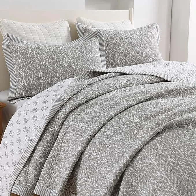 Excellent SahSahCasa Quilt Set Queen Size Cotton Quilt Bedding Set Bedspread Botanical Pattern Solid Color Chic Lightweight Quilted Comforter for Queen Bed White Gray All Season 3 Pieces High-Grade
