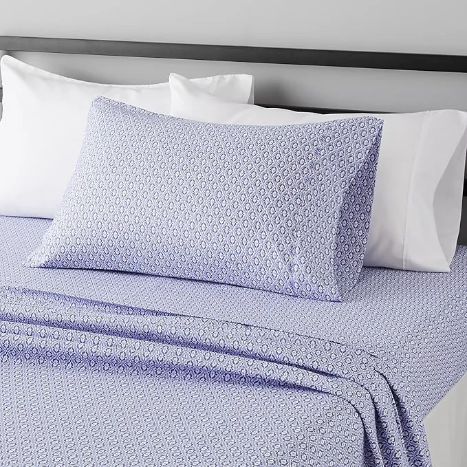 High-End Amazon Basics Lightweight Super Soft Easy Care Wrinkle- Breathable Brushed Microfiber 3-Piece Bed Sheet Set with 14-Inch Deep Pockets Twin Blue Damask Printed Practical
