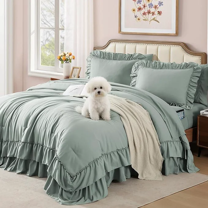 Smart Full Comforter Set Sage Green Ruffle Shabby Chic Bedding Set Farmhouse 7 Pieces All Season Fluffy Bed in a Bag with Sheets Pillowcases amp Shams Contemporary