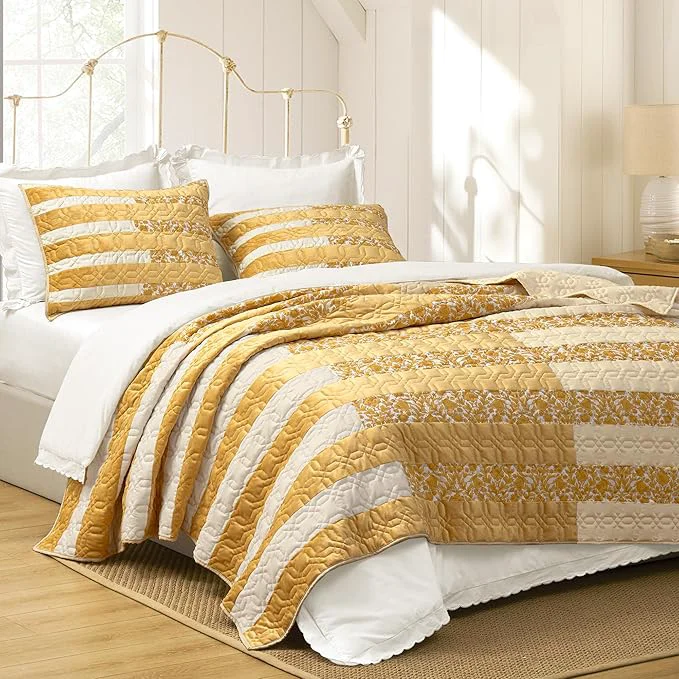 Proven Wonderful Yellow Patchwork Spring Quilt Queen – Stitched Cotton Velvet Microfiber Mixed Bedding – 3-Piece Piano Key Splicing Floral Bedspread – Lightweight Geometric Quilted Coverlet Breathable Material Soft Touch Wrinkle-Resistant Machine Wa… Outstanding
