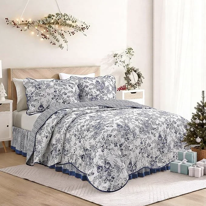 Quality Wonderful Cotton Blue Floral Quilt Set Queen Size Bedding Sets with Pillow Shams and Bed Skirt 4 Pieces Floral Bedspread Coverlet Quilted Blanket Bed Cover for All Season 88 quot x90 quot Exclusive