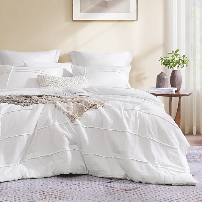 Enhanced Boho King Size Comforter Set White Pinch Pleat King Size Bed Set 3 Piece Bedding Set Warm Fluffy King Bed Set White 102 quot 90 quot Convenient