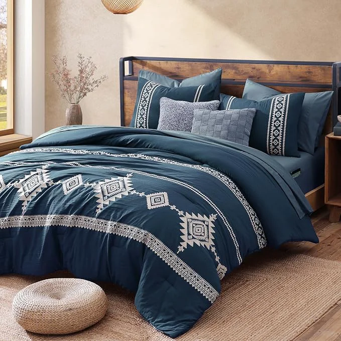 Artisan MaiRêve Embroidery King Size Comforter Set Navy Blue Boho Farmhouse Western Bedding Set 7 Pieces All Season Bed in A Bag Comforter Set with Sheets Pillowcases amp Shams Professional