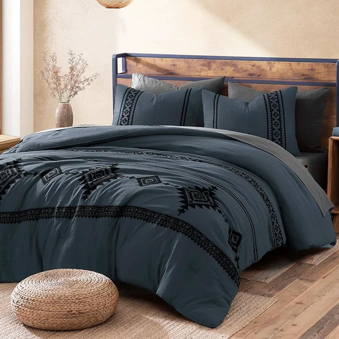 Top-Quality MaiRêve Embroidery Queen Size Comforter Set Blue Grey Boho Farmhouse Western Bedding Set 7 Pieces All Season Bed in A Bag Comforter Set with Sheets Pillowcases amp Shams Exclusive
