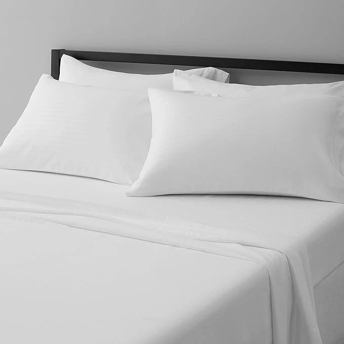 Official Amazon Basics Soft Comfortable Queen Size Bed Sheets Deluxe Microfiber 4-Piece Bright White Striped Advanced