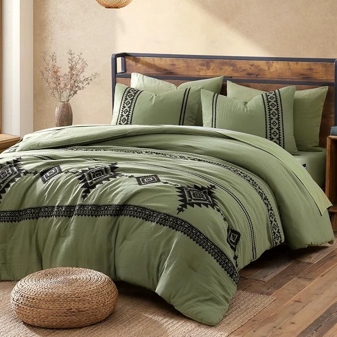 Breathable MaiRêve Embroidery Queen Size Comforter Sets Light Olive Green Western Bedding Set Boho 7 Pieces All Season Farmhouse Bed in A Bag Comforter Set with Sheets Pillowcases amp Shams Effective