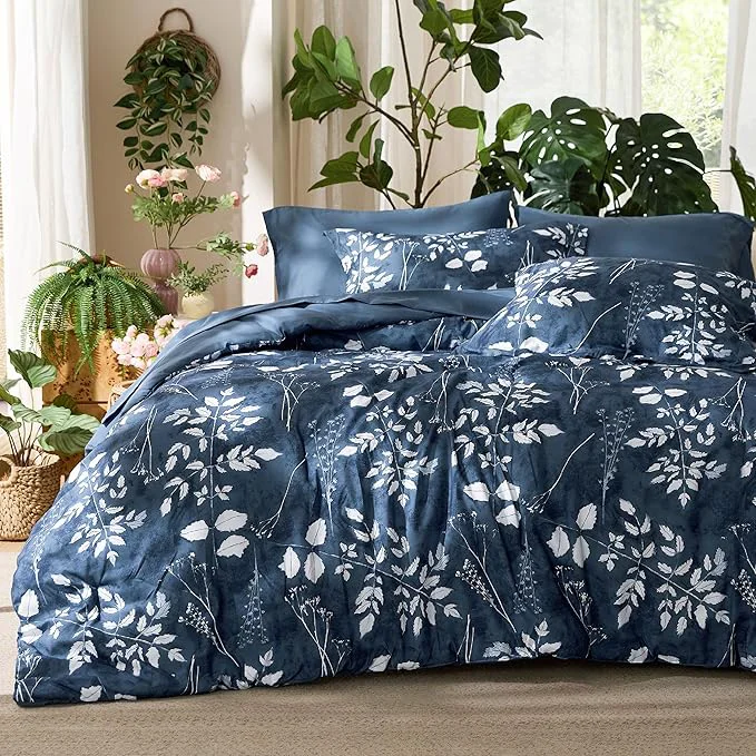 Refined Bedsure Navy Oversized Queen Comforter Set – 7 Pieces Floral Bedding Sets Oversized Queen Bed in a Bag with Reversible Botanical Flowers Comforter Sheets Pillowcases amp Shams Traditional