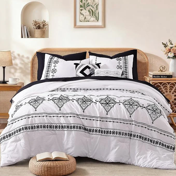 Modern MaiRêve Full Size Comforter Set Frost White Embroidery Floral Western Boho Bedding Set All Season 7 Pieces Bed in a Bag with Sheets Pillowcases amp Shams Natural