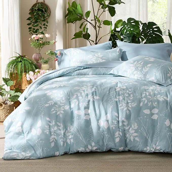 Environmentally Friendly Bedsure Sky Blue Full Comforter Set – 7 Pieces Floral Bedding Sets Full Bed in a Bag with Reversible Botanical Flowers Comforter Sheets Pillowcases amp Shams Functional
