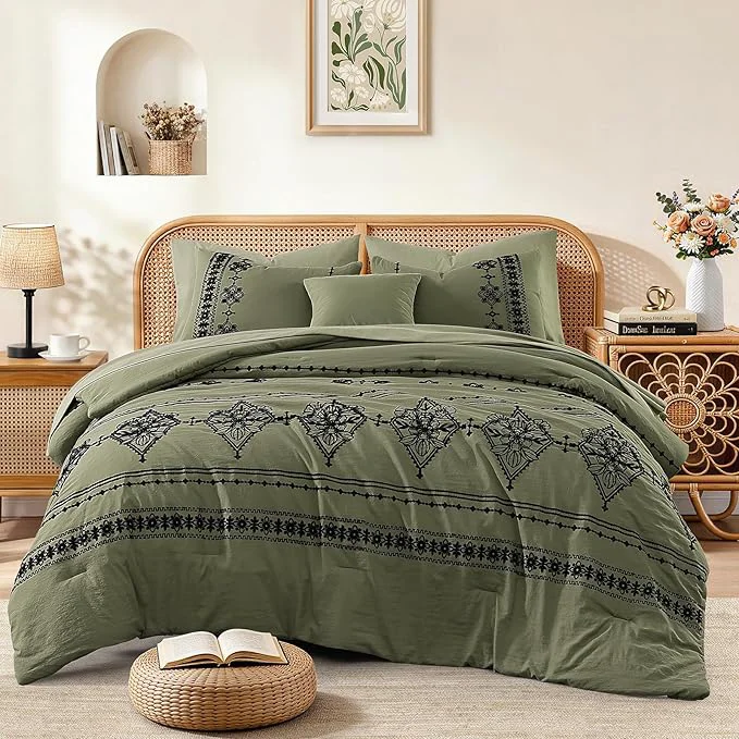 MaiRêve Queen Size Comforter Set Olive Green Embroidery Floral Western Boho Bedding Set All Season 7 Pieces Bed in a Bag with Sheets Pillowcases amp Shams Reliable