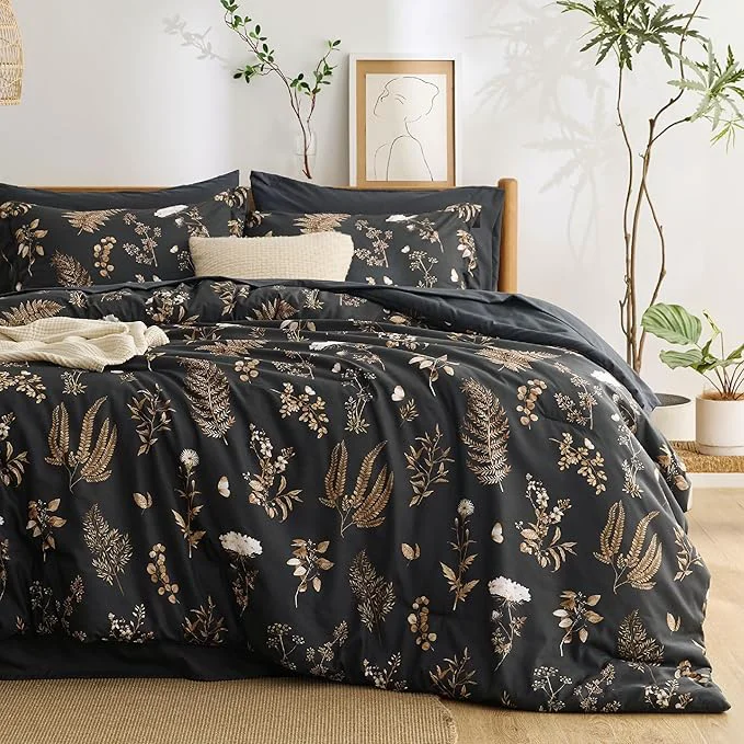 Original Bedsure Black King Comforter Set – 7 Pieces Floral Bedding Sets King Bed in a Bag with Reversible Botanical Flowers Comforter Sheets Pillowcases amp Shams Smooth