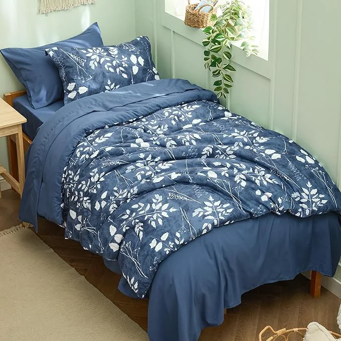 Unique Bedsure Navy Twin XL Comforter Set – 5 Pieces Floral Bedding Sets Twin XL Bed in a Bag with Reversible Botanical Flowers Comforter Sheets Pillowcase amp Sham Clean