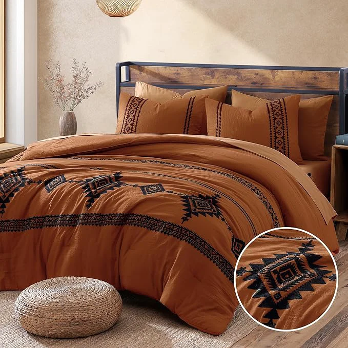 Stylish MaiRêve Embroidery Comforter Set Boho Farmhouse Western Bedding Set All Season Bed in A Bag Comforter Set with Sheets Pillowcases amp Shams Burnt Orange Queen 7 Pieces World-Class