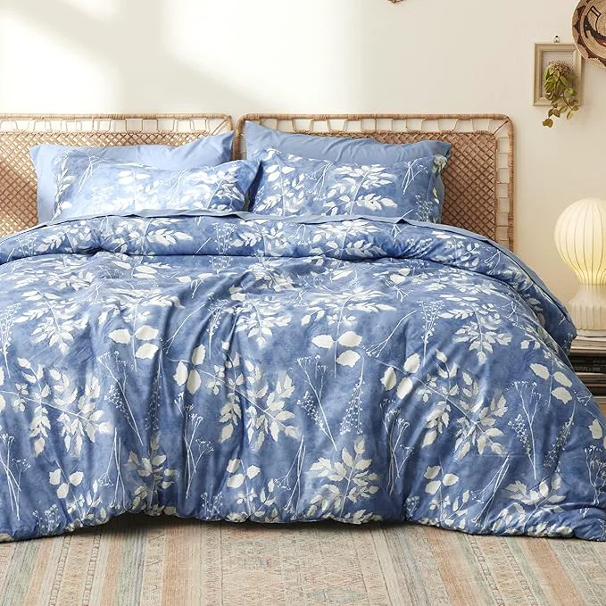 Reusable Bedsure Queen Comforter Set – 7 Pieces Floral Blue Soft Bedding Sets Queen Bed in a Bag with Botanical Flowers Comforter Sheets Pillowcases amp Shams Original
