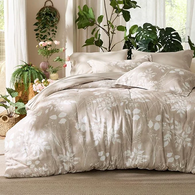 Verified Bedsure King Size Comforter Set – 7 Pieces Floral Beige Soft Bedding Sets King Bed in a Bag with Botanical Flowers Comforter Sheets Pillowcases amp Shams Detailed