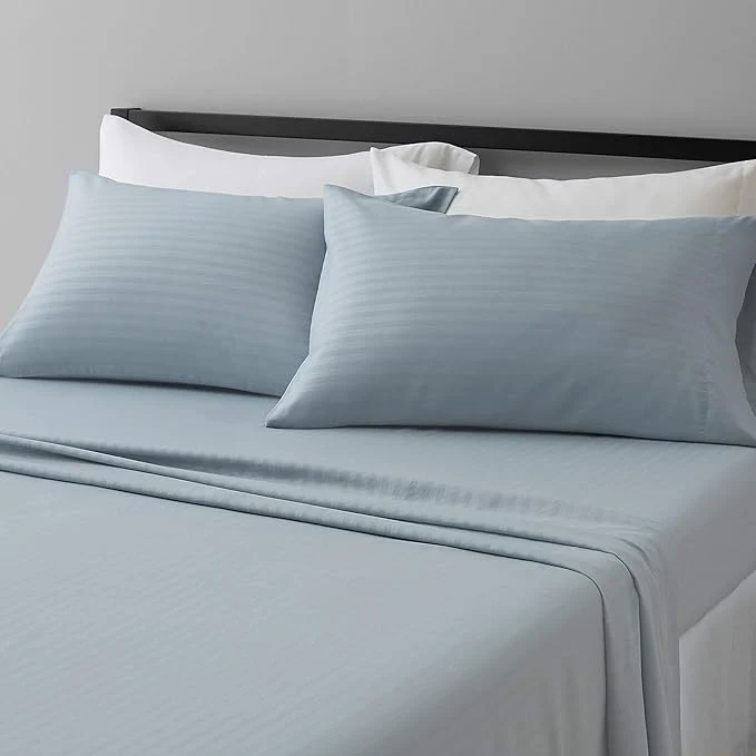 Trendy Amazon Basics Soft Breathable Wrinkle- Brushed Microfiber 4-Piece Bed Sheet Set Machine Washable Queen Size Spa Blue Striped Flexible