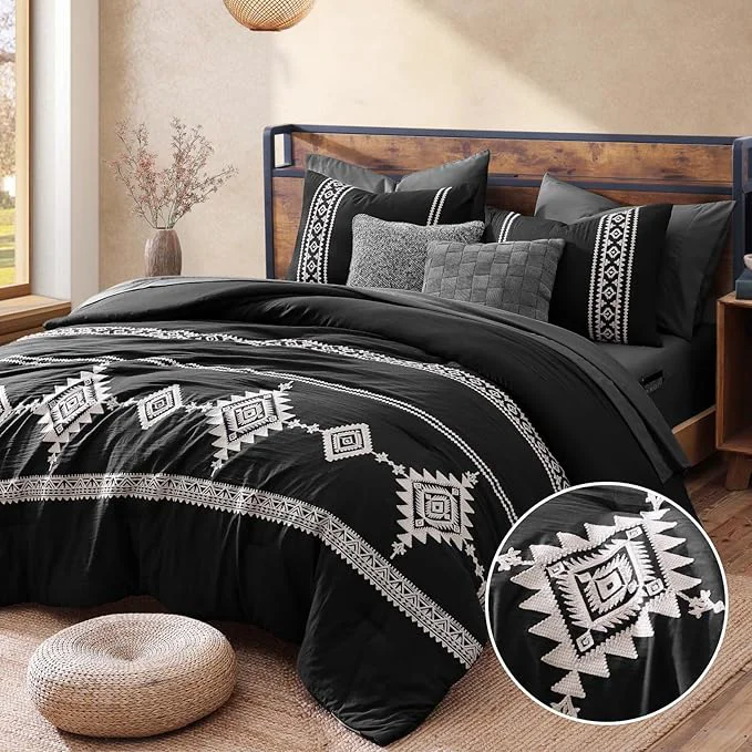 Consistent MaiRêve Embroidery Queen Size Comforter Set Black Boho Farmhouse Western Bedding Set 7 Pieces All Season Bed in A Bag Comforter Set with Sheets Pillowcases amp Shams Optimized