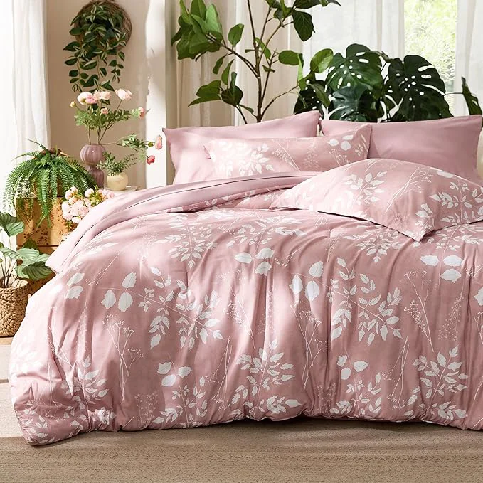 Pure Bedsure Rose Pink Queen Comforter Set – 7 Pieces Floral Bedding Sets Queen Bed in a Bag with Reversible Botanical Flowers Comforter Sheets Pillowcases amp Shams Expertly Made
