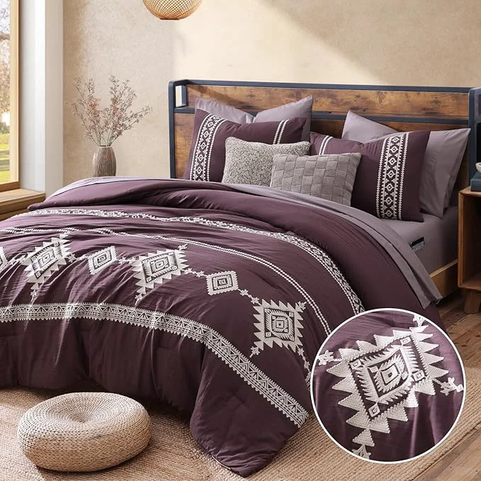 Crafted MaiRêve Embroidery King Size Comforter Set Purple Boho Farmhouse Western Bedding Set 7 Pieces All Season Bed in A Bag Comforter Set with Sheets Pillowcases amp Shams Efficient