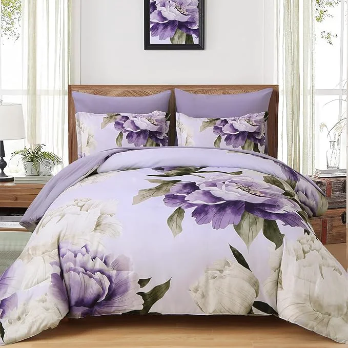 Sophisticated Dobuyly Purple Comforter Set Full Size 7 Piece Bed in a Bag Full Purple Floral Printed on Light Purple Comforter Set with Sheets Soft Microfiber Botanical Complete Bedding Set for All Season Elite