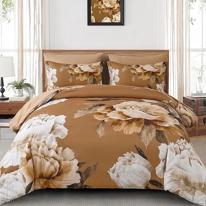 Next-Generation Dobuyly Brown King Size Comforter Set 7 Piece Bed in a Bag Floral Printed on Brown Comforter Set with Sheets Soft Microfiber Botanical Fall Complete Bedding Set for All Season Fashionable