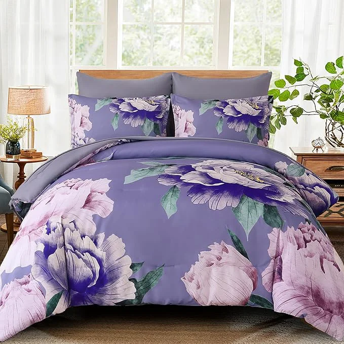 Carefully Designed Dobuyly Floral Comforter Set Queen 7 Piece Bed in a Bag Purple Pink Flower Comforter Set with Sheets Soft Microfiber Botanical Flower Bedding Set for All Season Powerful