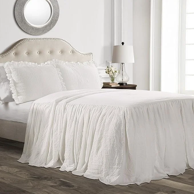 Genuine Lush Decor Ruffle Skirt Bedspread Set – 3-Piece Luxurious Farmhouse Bedding – Elegant Ruffle Detail – Timeless Style – Soft Lightweight Sheets – King White High-Quality